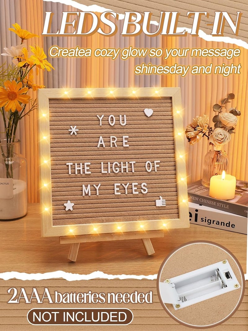 ANPHSIN Changeable Felt Letter Board with LED Lights - 10×10" Message Custom Signs & Wood Stand & 450 Letters, Poster Board for Valentine's Day/Baby/Pregnancy Announcement/Classroom Wall Decor Gifts, Camel - Image 3